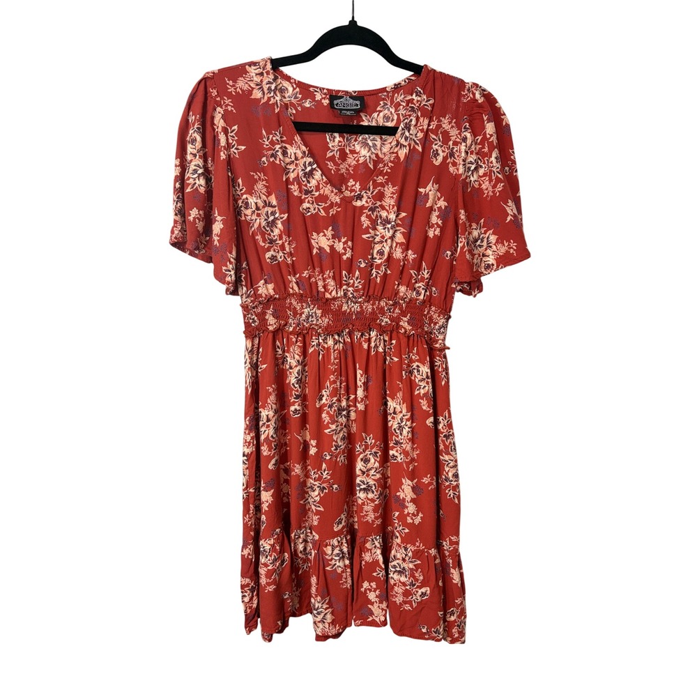 Angie Floral Boho Mini Dress Rust Red Smocked Waist Medium